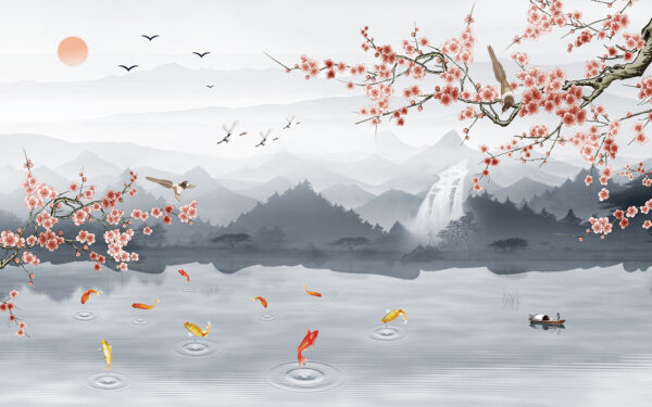 Peinture d'une rivière avec une cascade et des oiseaux Peinture d'une rivière avec une cascade et des oiseaux