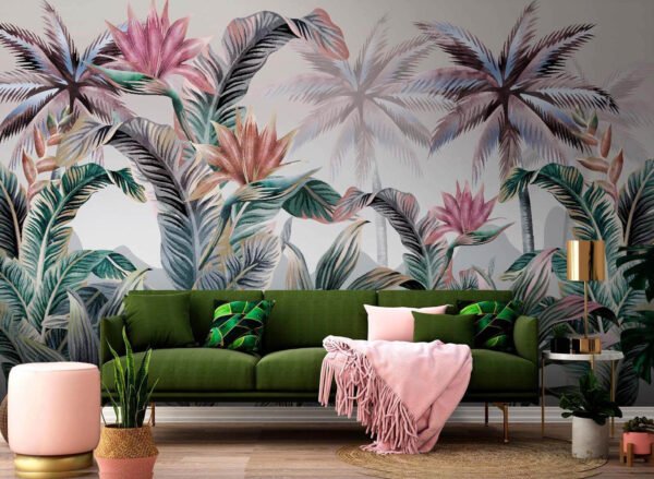 Papier peint avec des palmiers et des fleurs Papier peint avec des palmiers et des fleurs