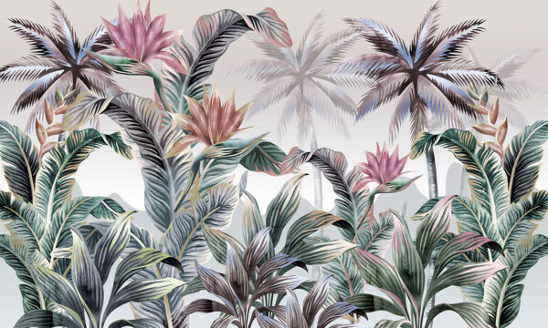 Papier peint avec des palmiers et des fleurs Papier peint avec des palmiers et des fleurs