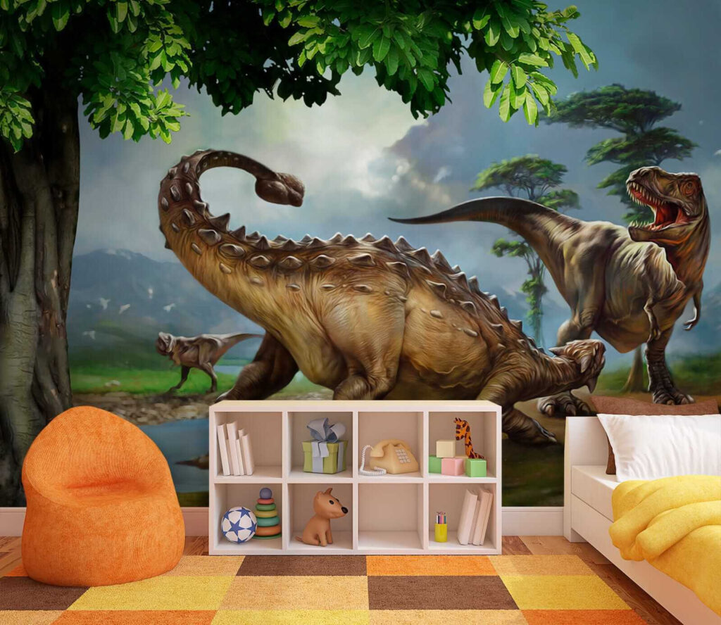 Painting of dinosaurs near a river Painting of dinosaurs near a river