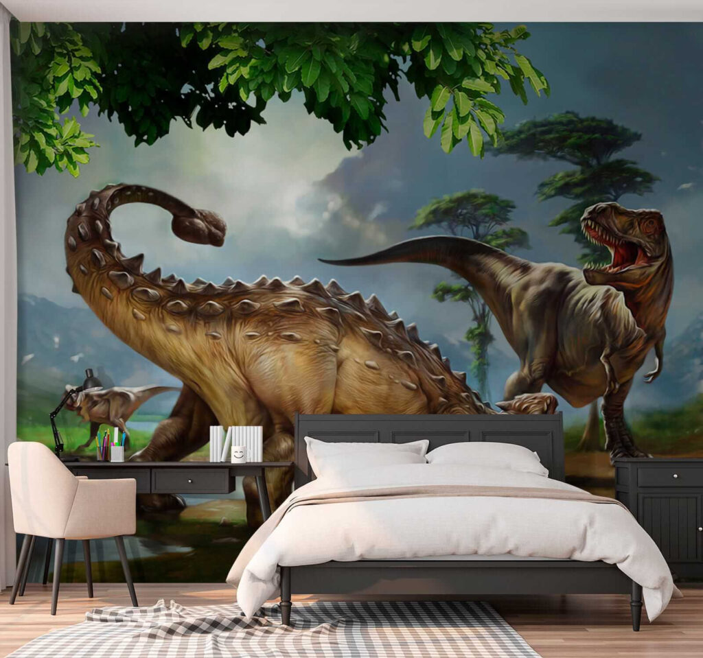 Painting of dinosaurs near a river Painting of dinosaurs near a river