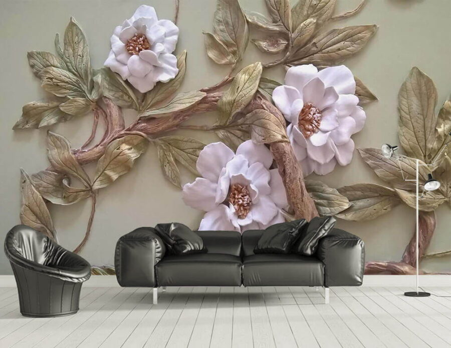 Décoration murale avec des fleurs et des feuilles Décoration murale avec des fleurs et des feuilles