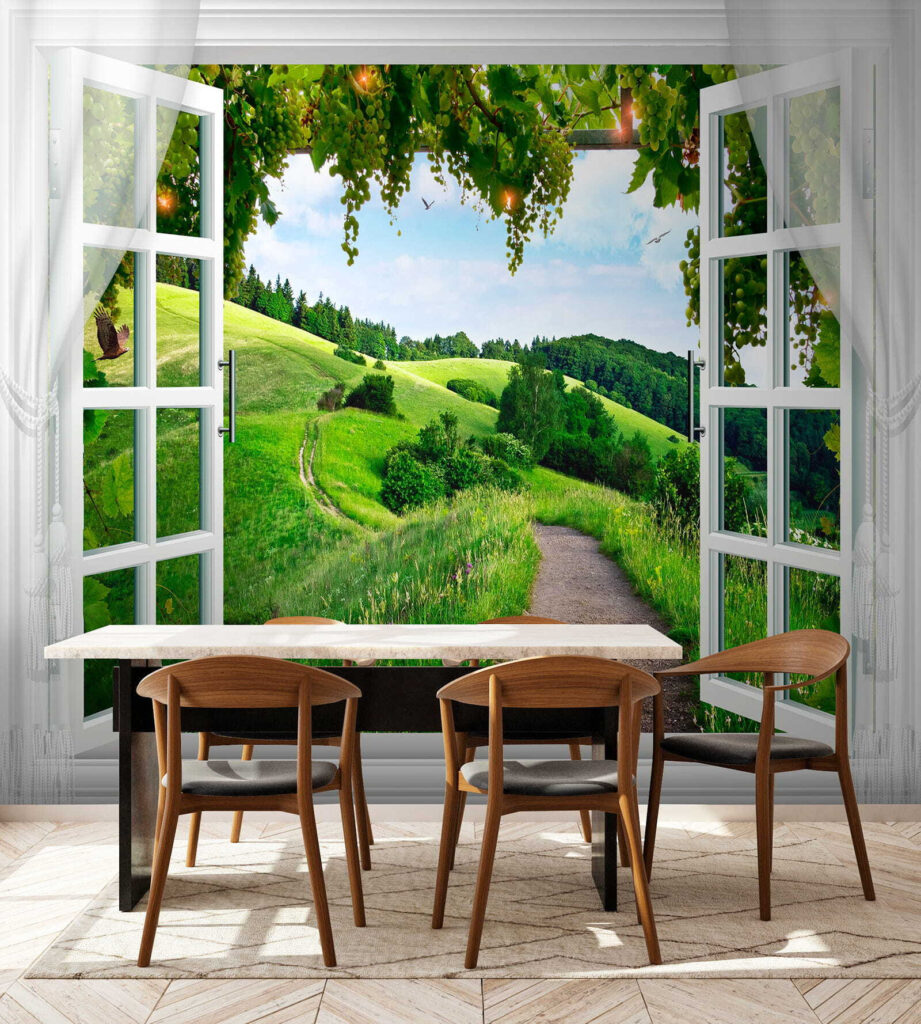 Window with open doors and a path through a grassy field