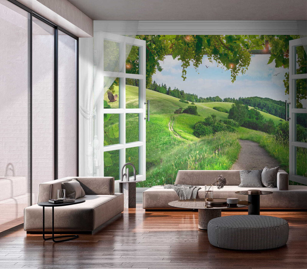 Window with open doors and a path through a grassy field