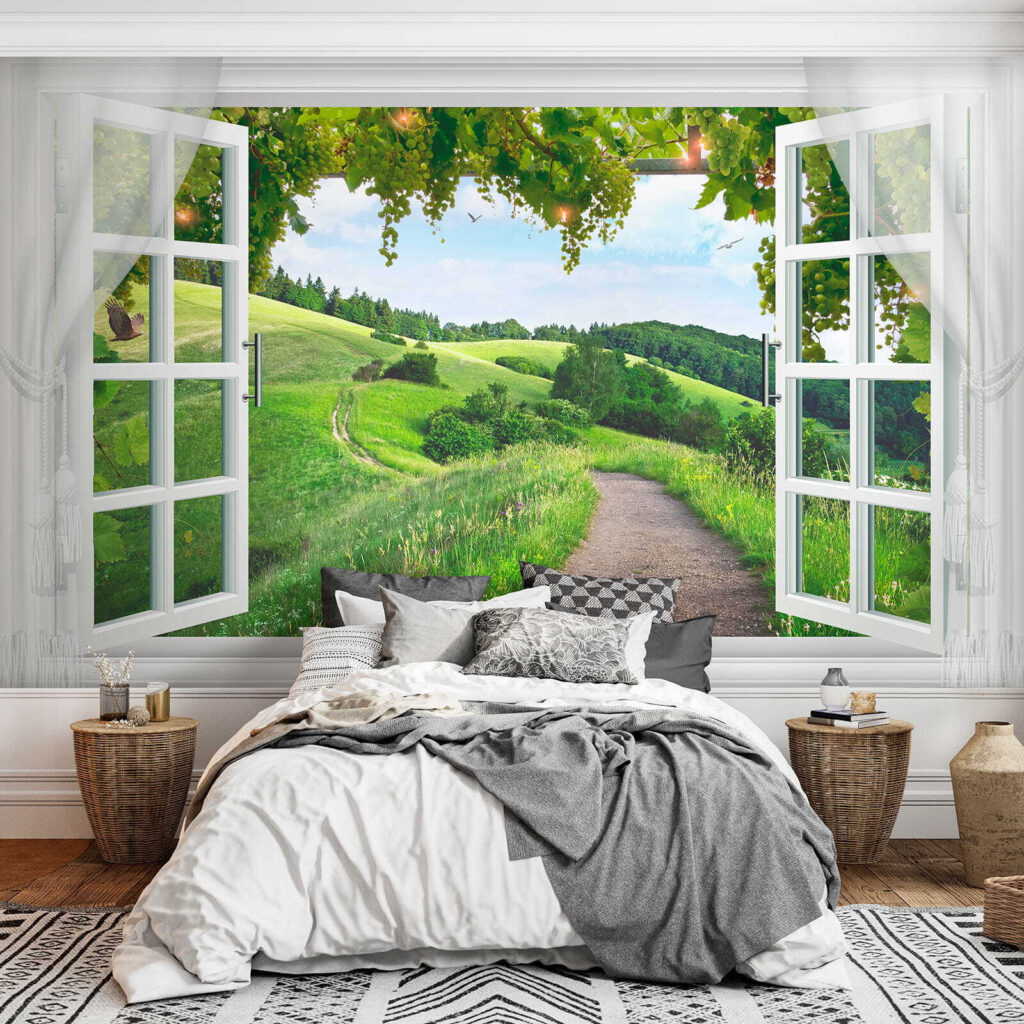 Window with open doors and a path through a grassy field