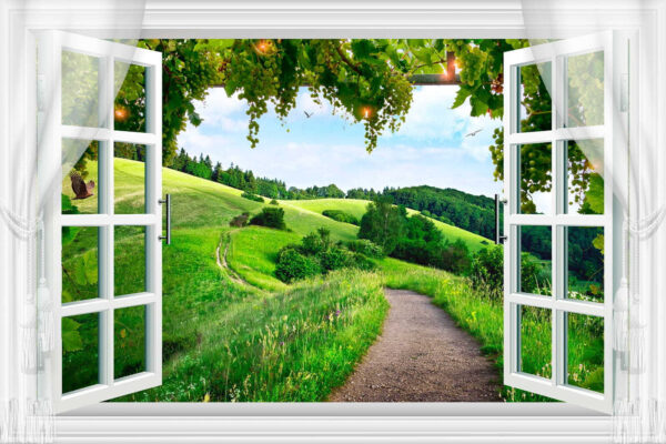 Window with open doors and a path through a grassy field