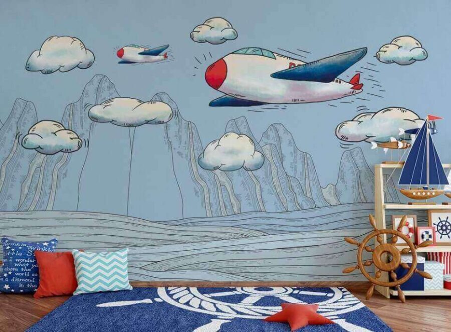 Papier peint Dessin d'avions survolant des montagnes