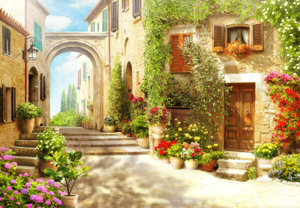 Bâtiment en pierre avec une porte et un portail avec des plantes en pots Bâtiment en pierre avec une porte et un portail avec des plantes en pots