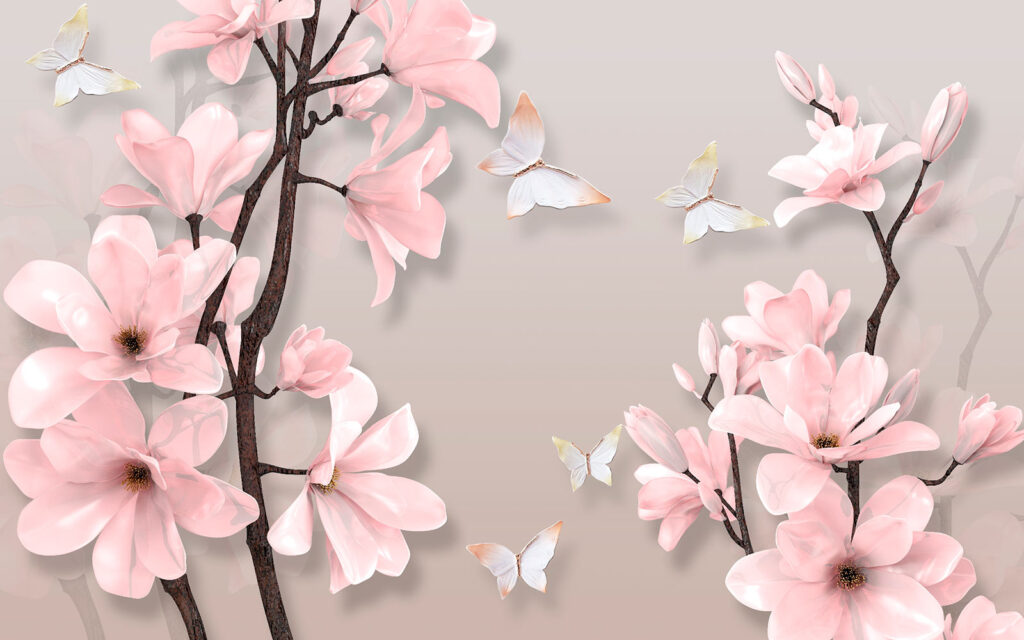 Fleurs roses et papillons sur un arbre Fleurs roses et papillons sur un arbre