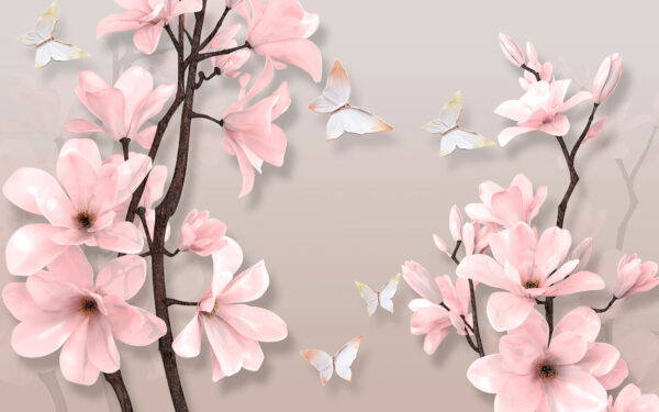Fleurs roses et papillons sur un arbre Fleurs roses et papillons sur un arbre