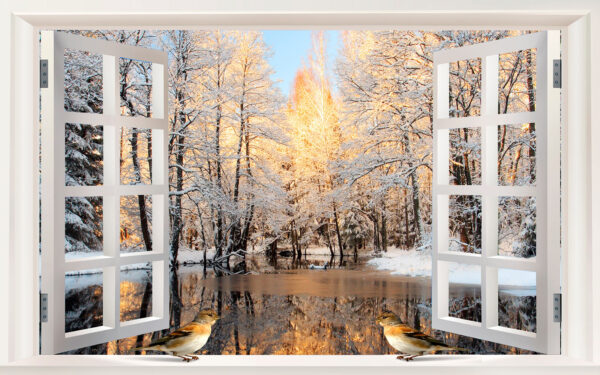 Fenêtre avec oiseaux donnant sur un lac Fenêtre avec oiseaux donnant sur un lac