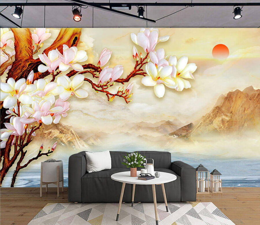 Peinture d'une branche avec des fleurs et des montagnes en arrière-plan Peinture d'une branche avec des fleurs et des montagnes en arrière-plan