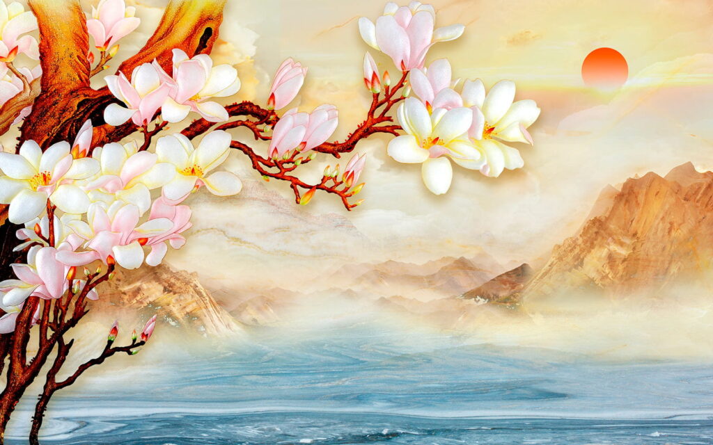 Peinture d'une branche avec des fleurs et des montagnes en arrière-plan Peinture d'une branche avec des fleurs et des montagnes en arrière-plan