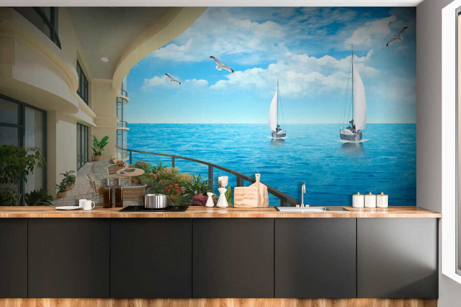 Balcon avec vue sur l'océan et les bateaux