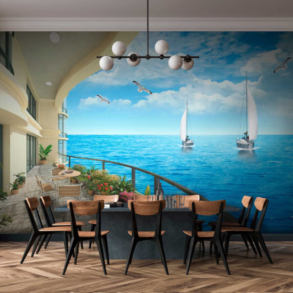 Balcon avec vue sur l'océan et les bateaux Balcon avec vue sur l'océan et les bateaux
