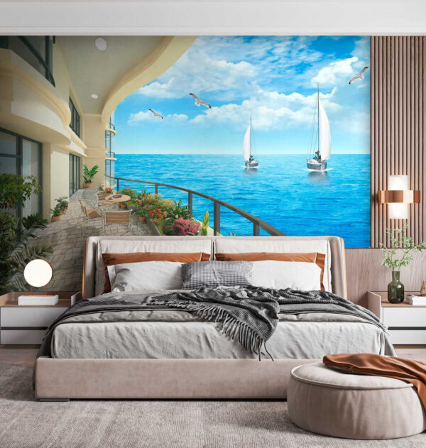 Balcon avec vue sur l'océan et les bateaux Balcon avec vue sur l'océan et les bateaux
