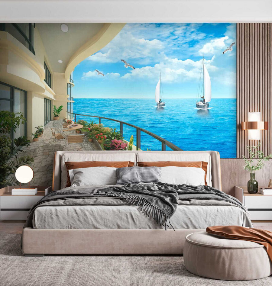 Balcon avec vue sur l'océan et les bateaux