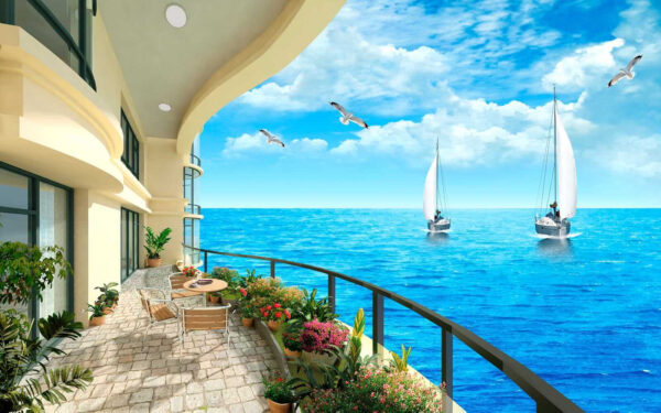 Balcon avec vue sur l'océan et les bateaux Balcon avec vue sur l'océan et les bateaux
