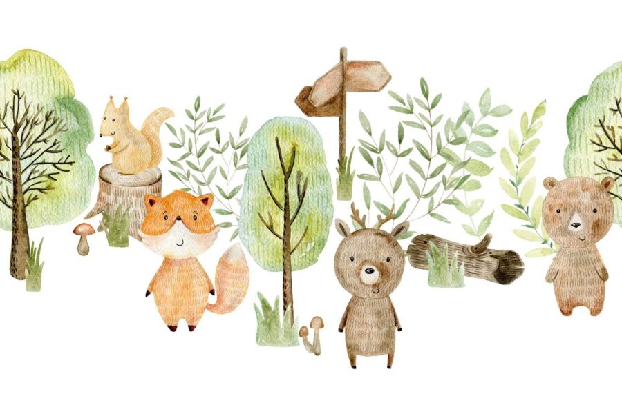 Illustration à l'aquarelle d'animaux et d'arbres