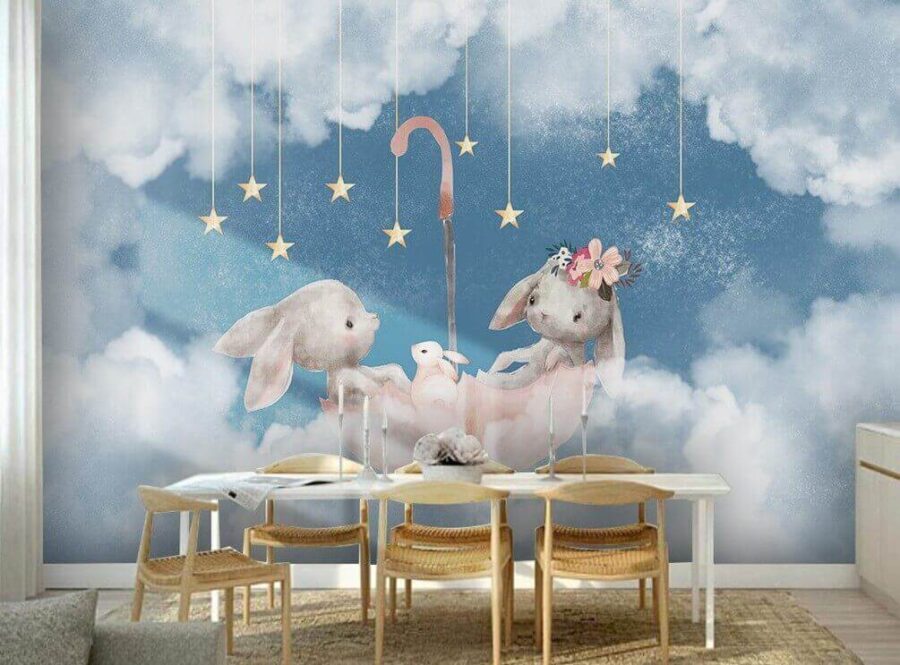 Deux lapins dans un parapluie rose