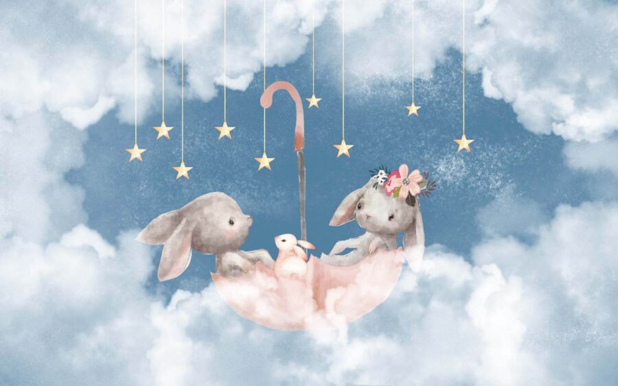Deux lapins dans un parapluie rose