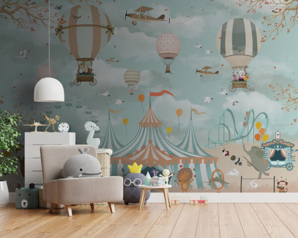 Chapiteau de cirque avec montgolfières et oiseaux Chapiteau de cirque avec montgolfières et oiseaux