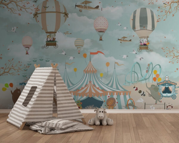 Chapiteau de cirque avec montgolfières et oiseaux Chapiteau de cirque avec montgolfières et oiseaux