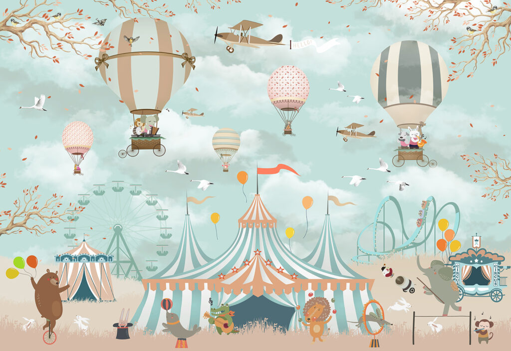 Chapiteau de cirque avec montgolfières et oiseaux Chapiteau de cirque avec montgolfières et oiseaux