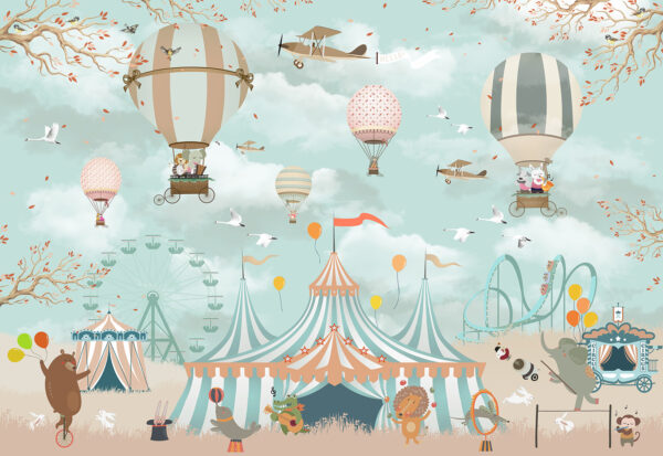 Chapiteau de cirque avec montgolfières et oiseaux Chapiteau de cirque avec montgolfières et oiseaux
