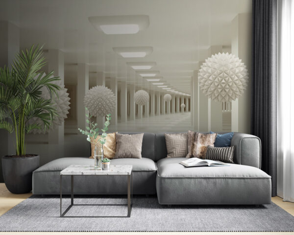 Pièce blanche avec des boules blanches au plafond Pièce blanche avec des boules blanches au plafond