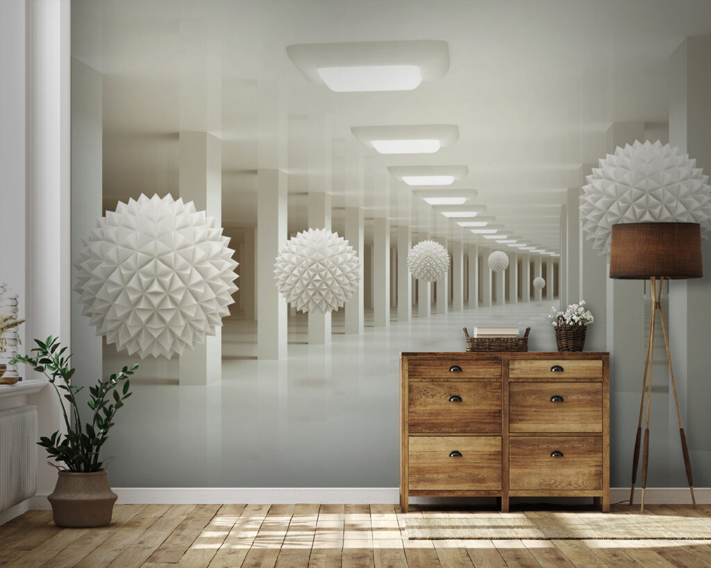 White room with white balls from the ceiling White room with white balls from the ceiling