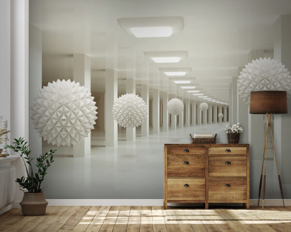 Pièce blanche avec des boules blanches au plafond Pièce blanche avec des boules blanches au plafond