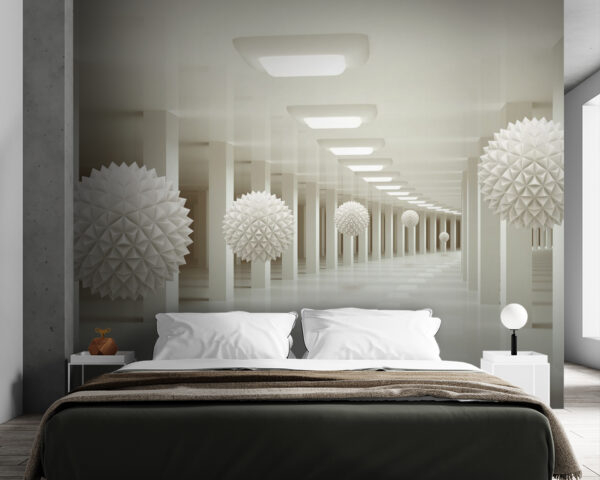 Pièce blanche avec des boules blanches au plafond Pièce blanche avec des boules blanches au plafond