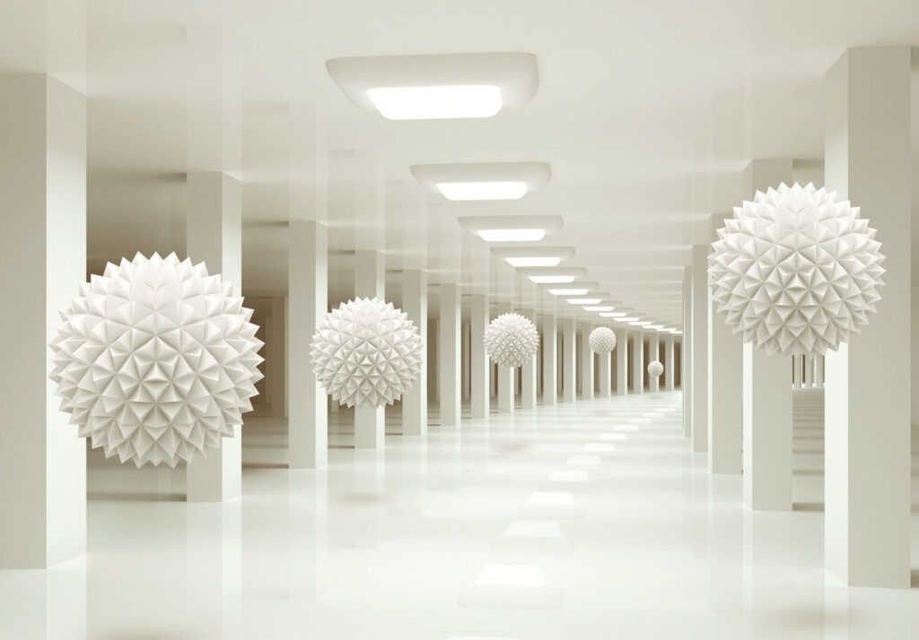Pièce blanche avec des boules blanches au plafond Pièce blanche avec des boules blanches au plafond