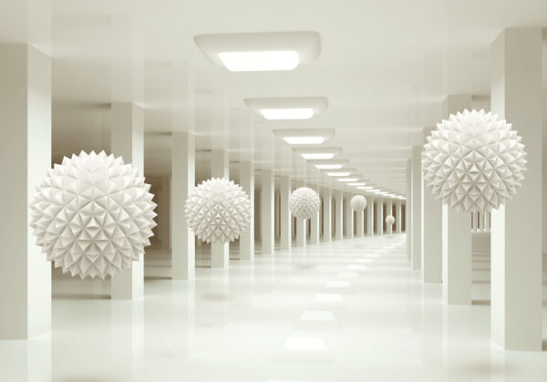 Pièce blanche avec des boules blanches au plafond Pièce blanche avec des boules blanches au plafond