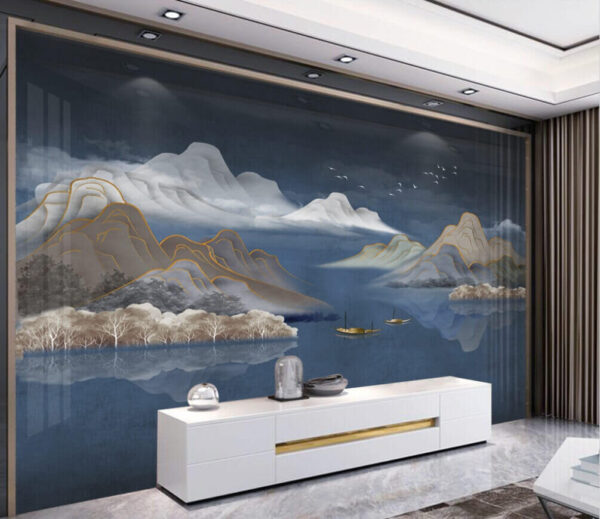 Peinture de montagnes et de bateaux dans l'eau Peinture de montagnes et de bateaux dans l'eau