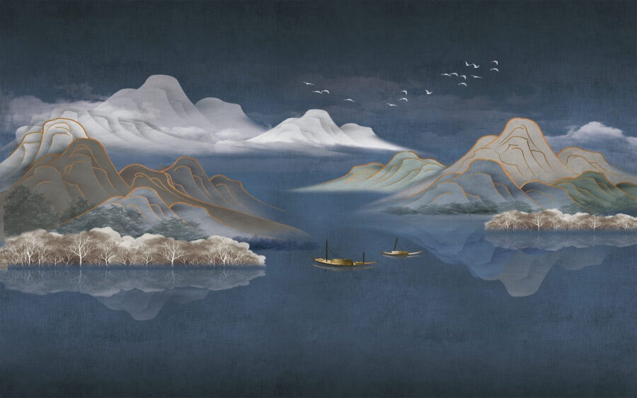 Peinture de montagnes et de bateaux dans l'eau