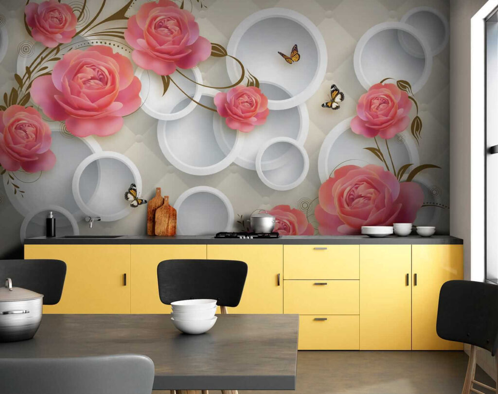 Wallpaper with roses and butterflies