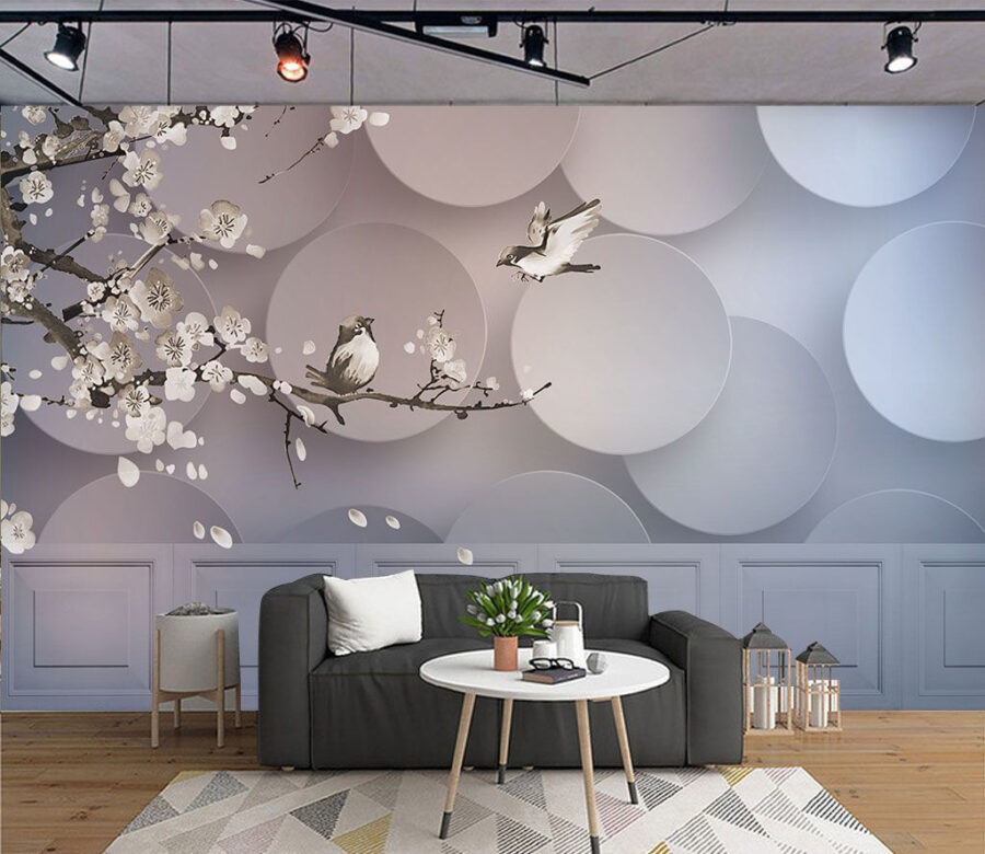 Peinture murale d'oiseaux sur une branche avec des cercles blancs et des cercles blancs