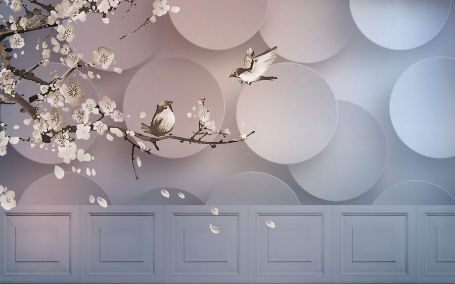 Peinture murale d'oiseaux sur une branche avec des cercles blancs et des cercles blancs