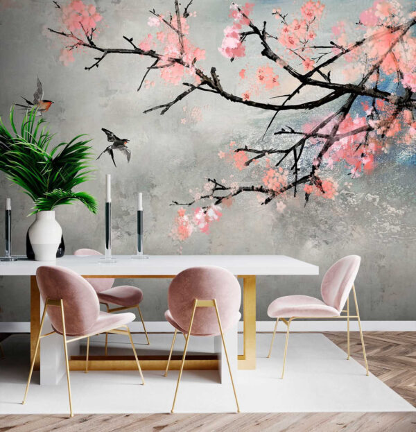 Branche d'arbre avec fleurs roses et oiseaux en vol Branche d'arbre avec fleurs roses et oiseaux en vol