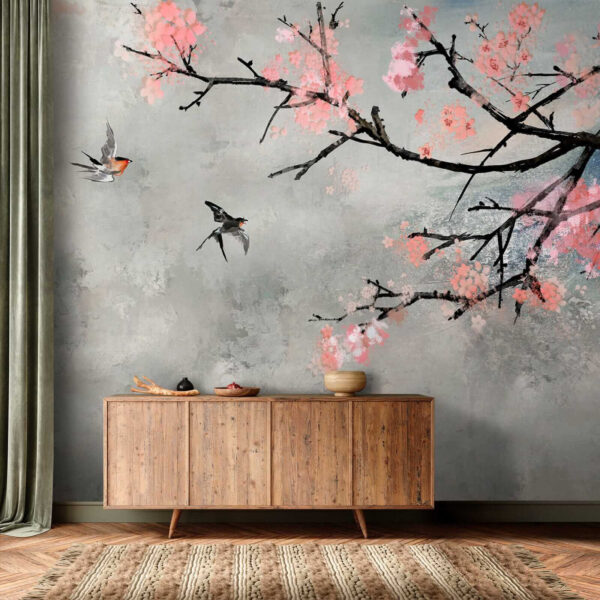 Branche d'arbre avec fleurs roses et oiseaux en vol Branche d'arbre avec fleurs roses et oiseaux en vol