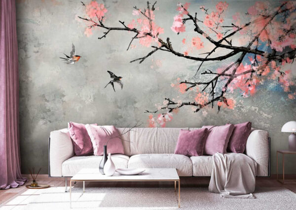 Branche d'arbre avec fleurs roses et oiseaux en vol Branche d'arbre avec fleurs roses et oiseaux en vol