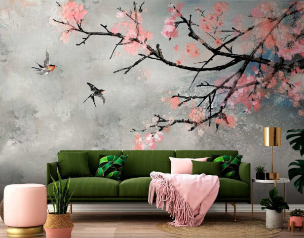 Branche d'arbre avec fleurs roses et oiseaux en vol Branche d'arbre avec fleurs roses et oiseaux en vol