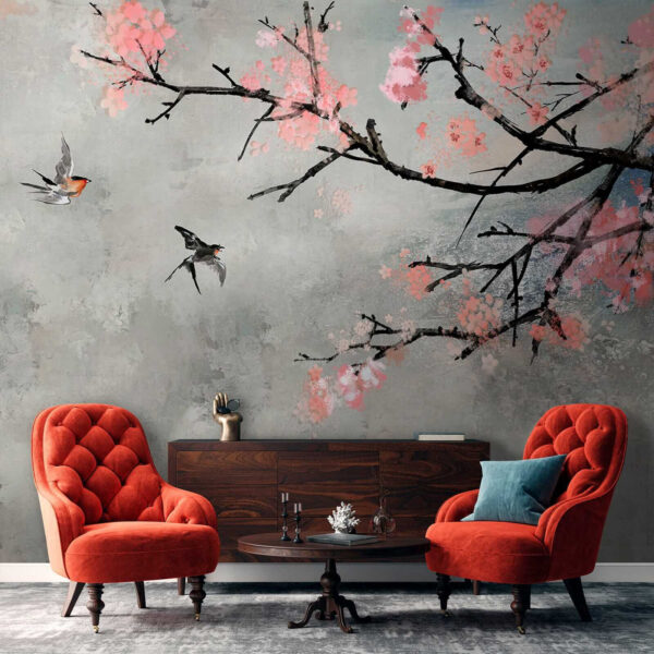 Branche d'arbre avec fleurs roses et oiseaux en vol Branche d'arbre avec fleurs roses et oiseaux en vol