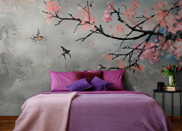 Branche d'arbre avec fleurs roses et oiseaux en vol Branche d'arbre avec fleurs roses et oiseaux en vol