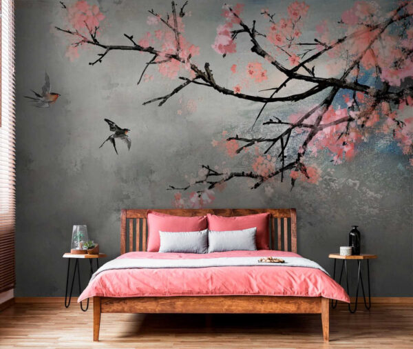 Branche d'arbre avec fleurs roses et oiseaux en vol Branche d'arbre avec fleurs roses et oiseaux en vol