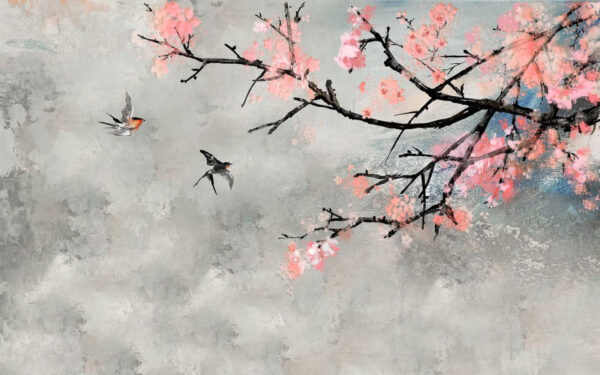 Branche d'arbre avec fleurs roses et oiseaux en vol Branche d'arbre avec fleurs roses et oiseaux en vol