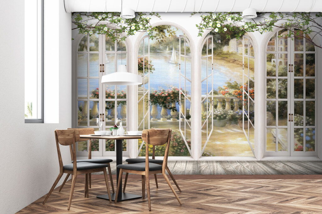 Wall mural of a garden with a view of a balcony Wall mural of a garden with a view of a balcony