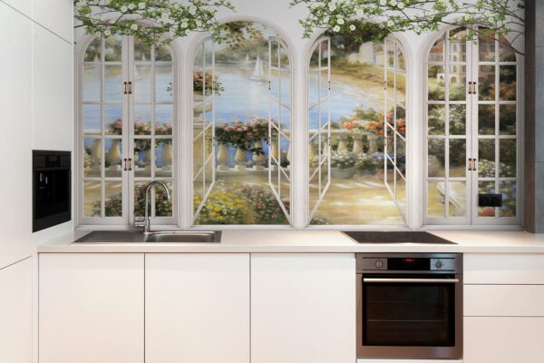 Peinture murale d'un jardin avec vue sur un balcon Peinture murale d'un jardin avec vue sur un balcon